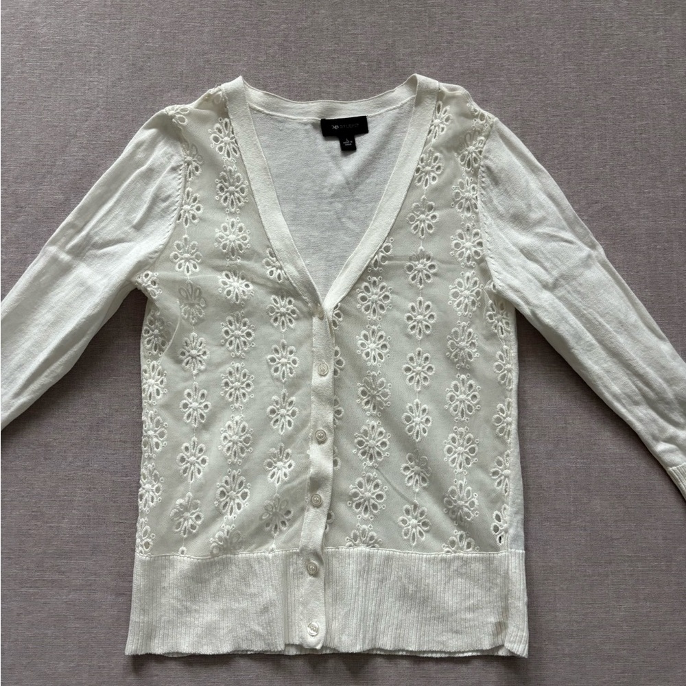 AB Studio white chiffon embroidered flower cut out sweater cardigan.